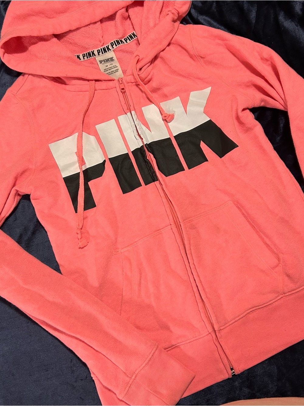 PINK Victoria's Secret Coral Pink Zip Hoodie with Black & White Logo